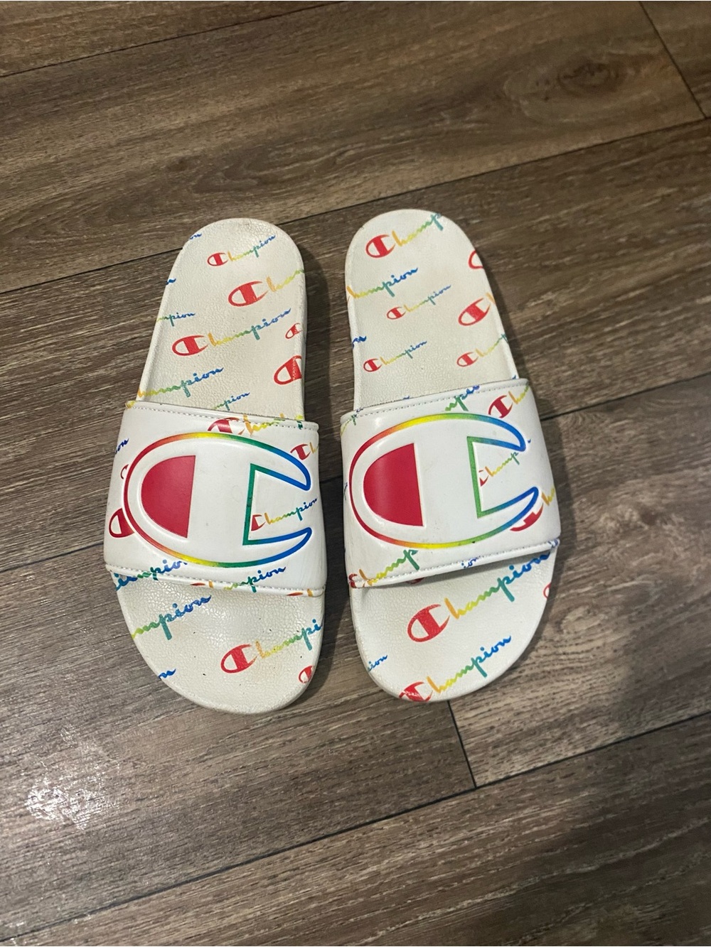 Champion Mens White Slides with Rainbow Logo Accents